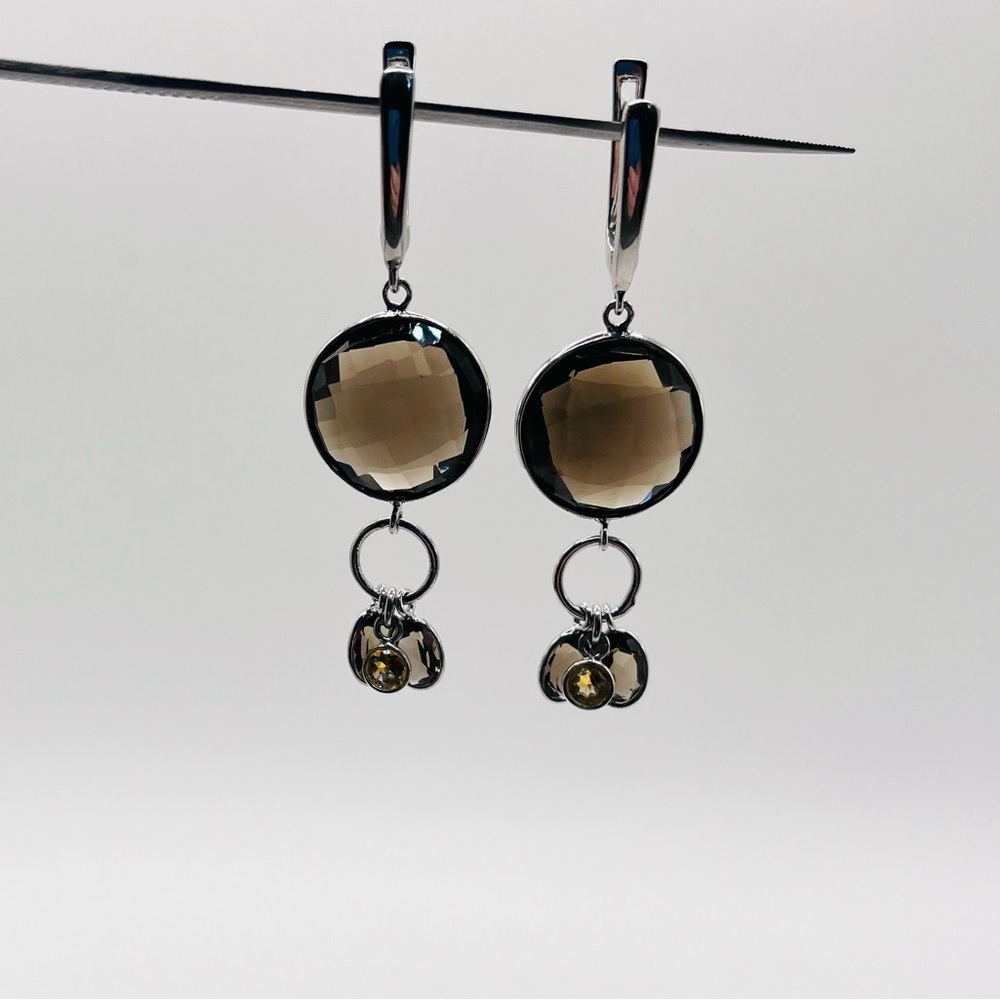 Smokey Quartz 18.15 CT Dangle Silver Tone Earrings - Picture 3 of 3